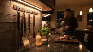 Stainless steel bbq tool set for outdoor kitchens illuminated by under-counter lighting during an Edmonton dinner party.