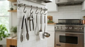 Sleek bbq tool set for outdoor kitchens hanging neatly beside a contemporary built-in grill station in Ottawa.