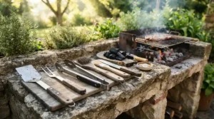 A professional bbq tool set for outdoor kitchens laid out on custom stonework in a luxury Montreal terrace setup.