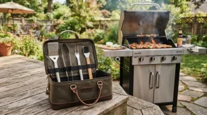 A professional bbq tool set with carrying case resting next to a backyard patio grill during summer.