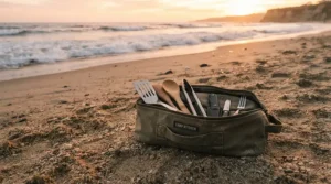 A lightweight bbq tool set with carrying case brought along for a sunset beach barbecue.