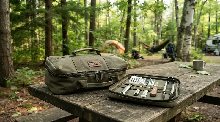 A compact bbq tool set with carrying case packed among camping gear for a weekend in the woods.