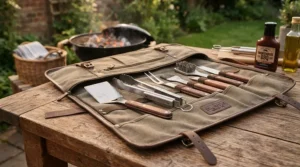 An elegant bbq tool set with carrying case presented as a thoughtful gift for outdoor cooking enthusiasts.
