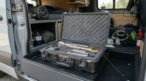 A portable bbq tool set with carrying case packed neatly inside an RV storage compartment.