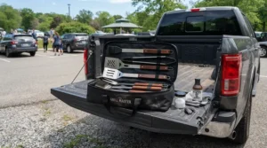 A durable bbq tool set with carrying case ready for a tailgate grilling session before a hockey game.