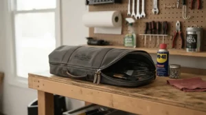 A tidy bbq tool set with carrying case stored away securely in a garage for the off-season.