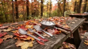 A camping bbq tool set lightweight surrounded by colorful autumn maple leaves at a campsite.