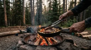 A camper using a camping bbq tool set lightweight over a campfire in a dense Ontario pine forest.