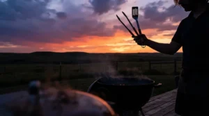 A camping bbq tool set lightweight ready for evening cooking under the vast Saskatchewan sky.