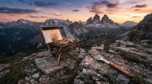 A camping bbq tool set lightweight packed beside a portable grill overlooking mountain peaks in Alberta.