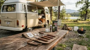 A camping bbq tool set lightweight sitting on a fold-out picnic table outside a campervan.