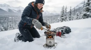A camping bbq tool set lightweight used for winter snow camping meals in Quebec.