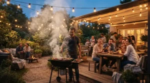 String lights glowing above a patio where a long handle bbq tool set for charcoal grills rests on the counter.