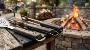 Heat-resistant grips on a long handle bbq tool set for charcoal grills during high-temperature searing.