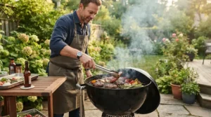 A long handle bbq tool set for charcoal grills being used to flip burgers on a classic round kettle grill.