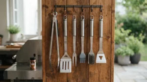 A complete long handle bbq tool set for charcoal grills hanging neatly on a storage rack.