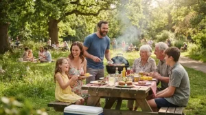 A portable long handle bbq tool set for charcoal grills packed for a family afternoon at a provincial park.
