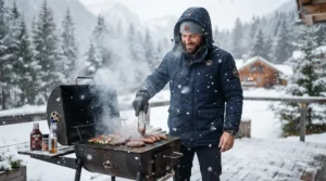 Using a long handle bbq tool set for charcoal grills outdoors while snow falls softly in a Canadian winter setting.